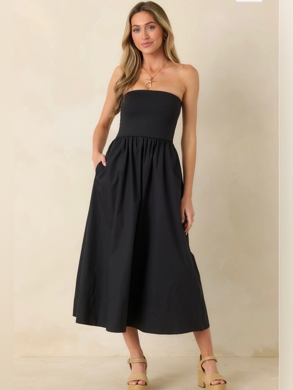 Double Zero Strapless Black Midi Dress with Pockets